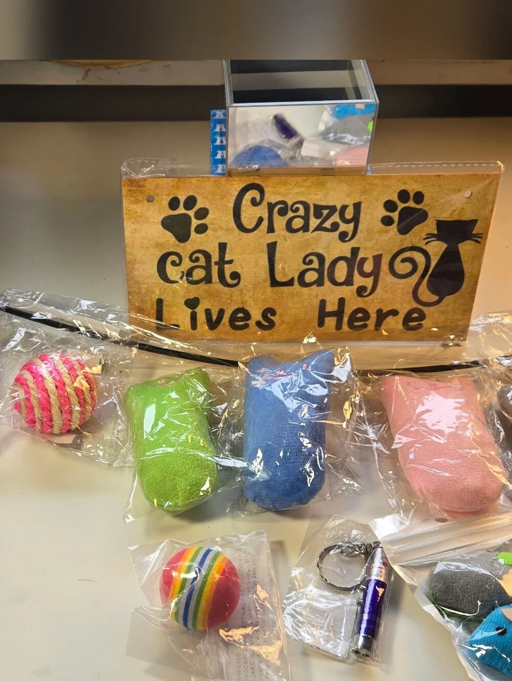 'Crazy Cat Lady Lives Here' Plaque and Assorted Cat Toys Bundle